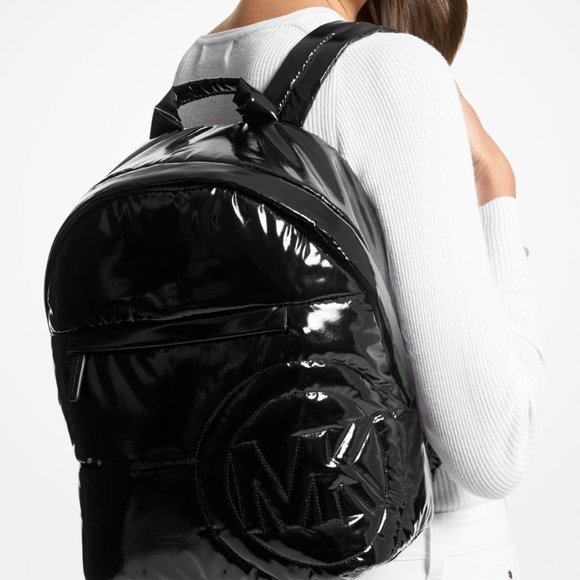 MICHAEL KORS Rae Medium Quilted Shiny Black Metallic Cotton Blend Backpack NEW - Picture 3 of 4